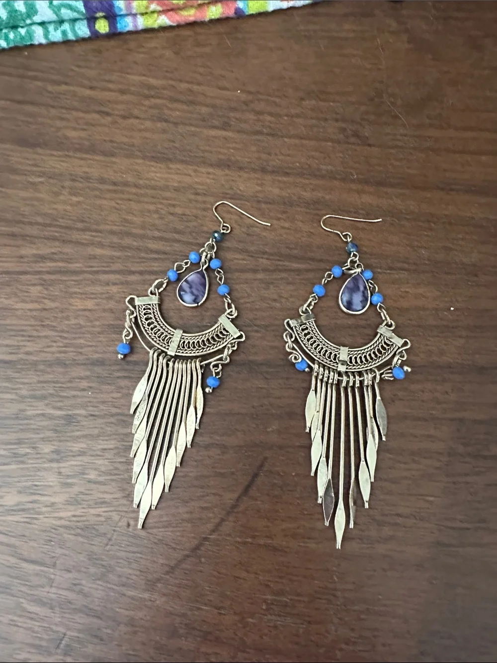 Bohemian Gold-Tone Fringe Earrings with Blue Beads
